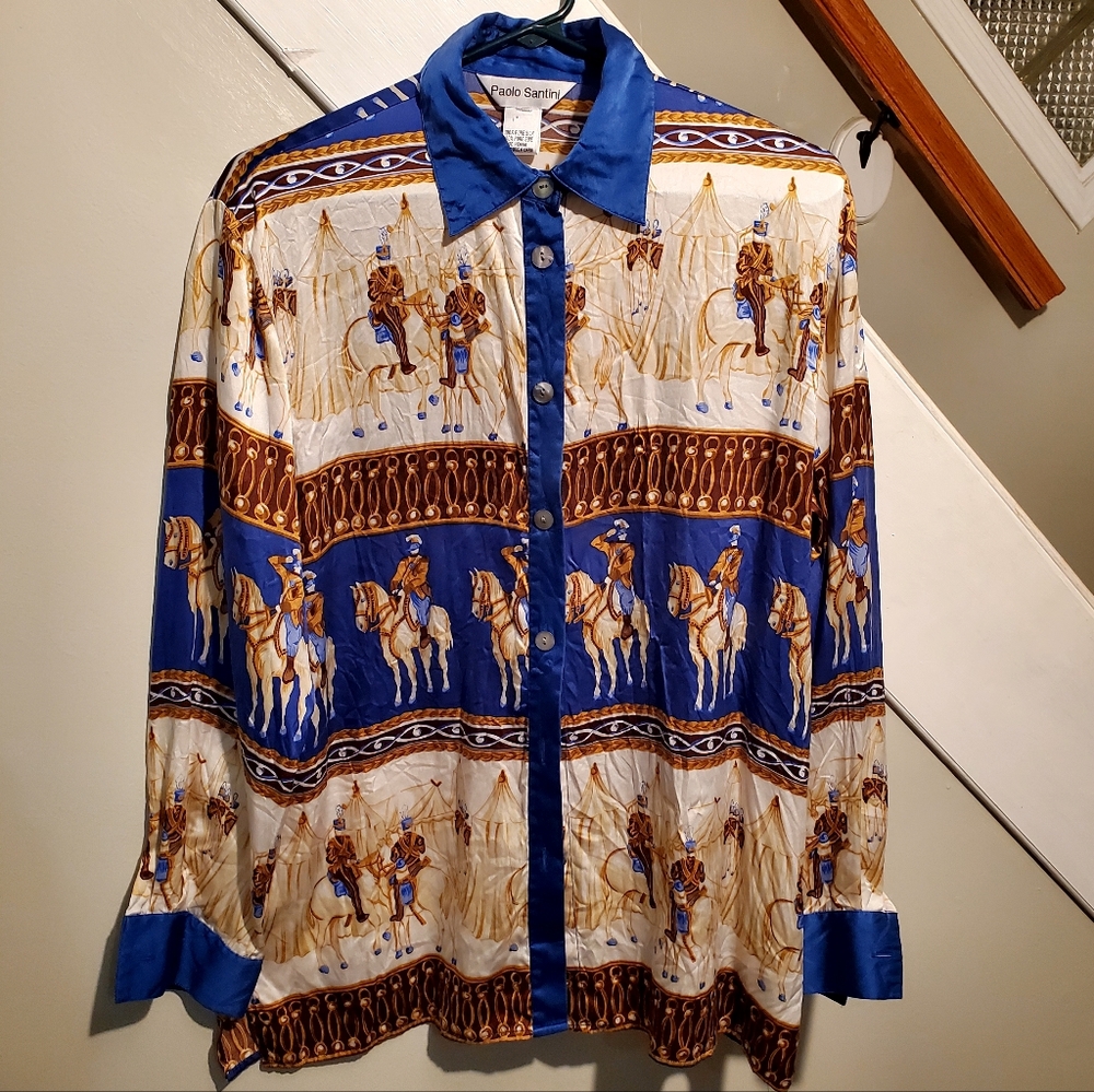 Vintage Paolo Santini 100% Silk Button Long Sleeve Soldiers Horses Women No Size